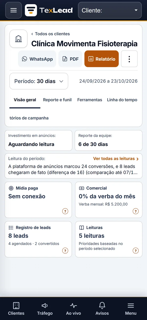 Painel do cliente no celular, com a leitura do período, os leads registrados e a verba do mês